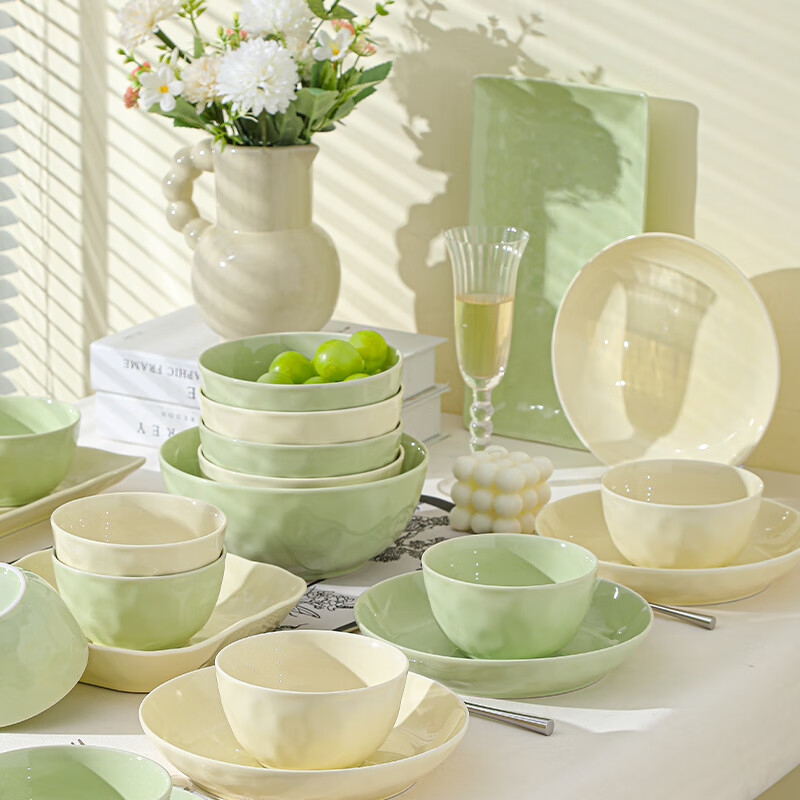 Persson bowls, plates and tableware complete set in cream style 2026 new home complete set of high-looking dishes and chopsticks combination as a housewarming gift, cream yellow and green mix and match (great value and practical) 82-piece set