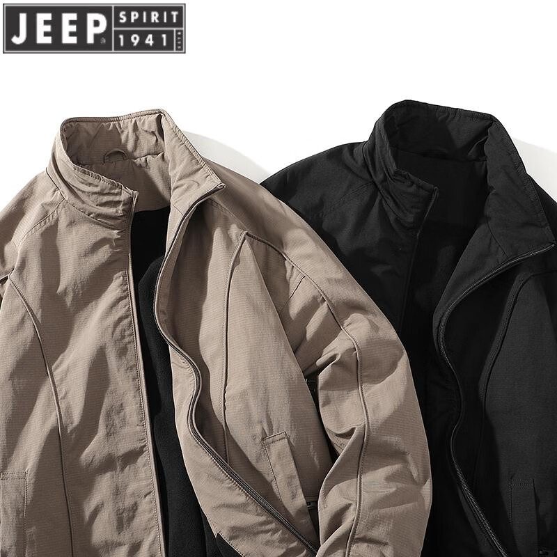 JEEP SPIRIT winter stand collar American short handsome bomber jacket cotton coat plus velvet thickened jacket men's top khaki 2XL (175-200)