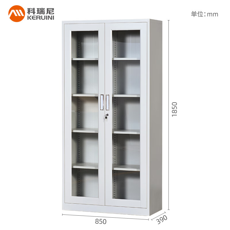 Corini filing cabinet, iron cabinet, office cabinet, information cabinet, voucher cabinet, glass storage cabinet, bookcase with lock, glass double storage cabinet, gray white 1850*850*390mm, can be customized