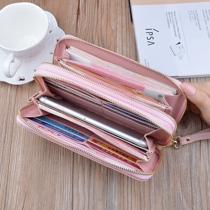 Simple cloth 2021 new double zipper hand wallet women's long style stitching contrasting color large capacity double layer wallet mobile phone small bag blue