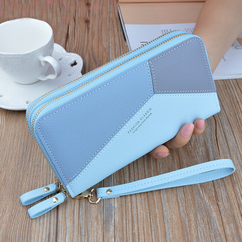 Simple cloth 2021 new double zipper hand wallet women's long style stitching contrasting color large capacity double layer wallet mobile phone small bag blue
