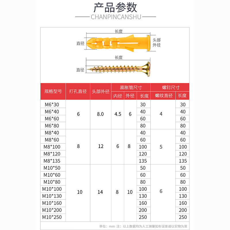 Bingyu small yellow croaker plastic expansion tube bolt expansion screw wall plug self-tapping screw expansion plug 8*60 (50 sets)
