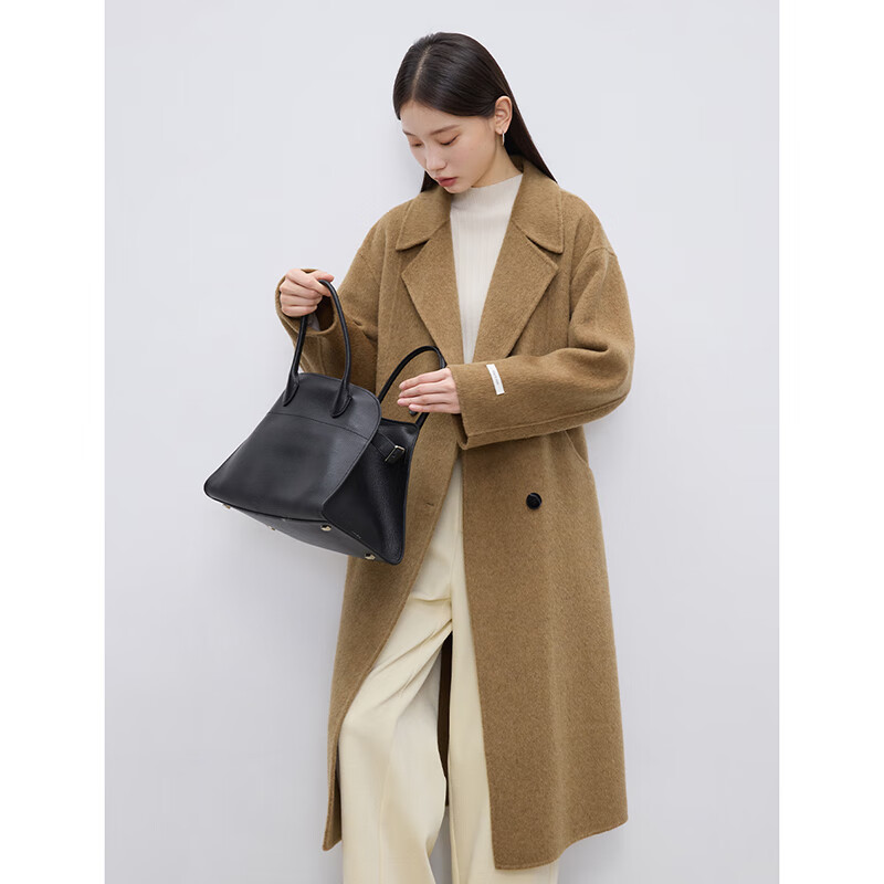 Ziqiao little black camel wool double-sided woolen coat for women 2024 winter new mid-length woolen coat medium gray 100% sheep wool XS (size 2)