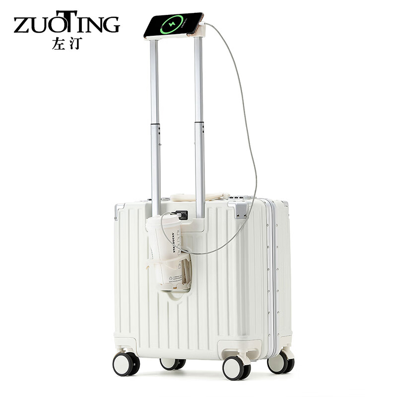 Zuo Ting multifunctional aluminum frame suitcase trolley case, sturdy and pressure-resistant suitcase, password box, small portable boarding case, smoke white 18 inches