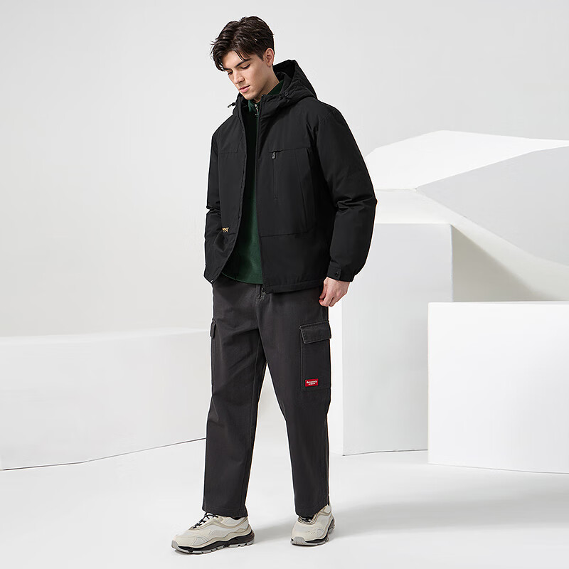 Dances with Wolves Goose down lining & three-proof fabric Light outdoor warm and comfortable versatile hooded jacket 001 black 180