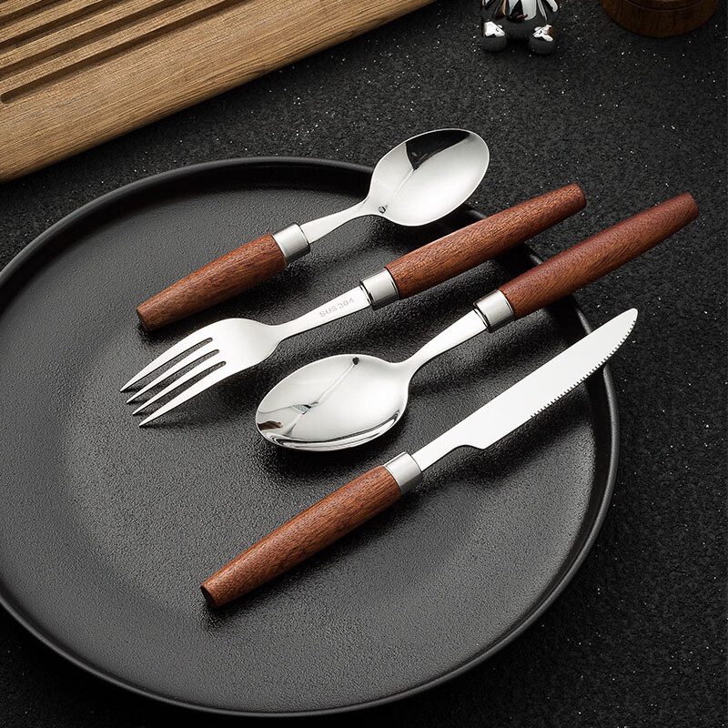 Aoki Shangci Japanese retro solid wood steak cutlery 4-piece set of knives, forks and spoons 304 stainless steel cake knives and forks two-piece set high-end two-piece knife and fork set