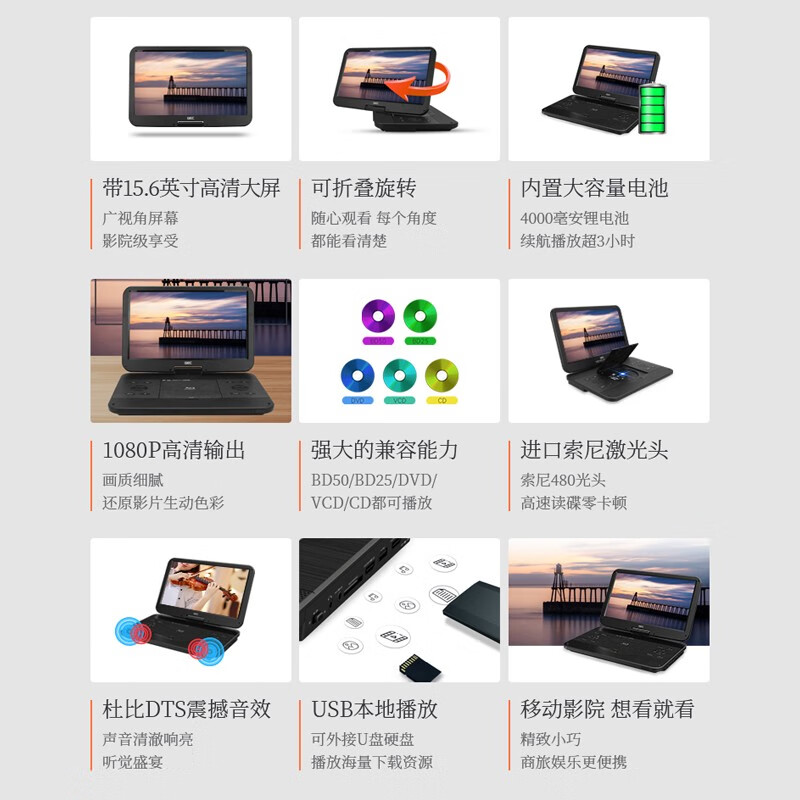 Jieke BP1081 10-inch screen mobile portable Blu-ray player HD DVD player CD home hard drive U disk player built-in battery DTS sound effect G390 HD 15.6-inch large screen + 10 Blu-ray discs + handbag