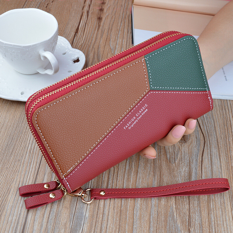 Simple cloth 2021 new double zipper hand wallet women's long style stitching contrasting color large capacity double layer wallet mobile phone small bag blue