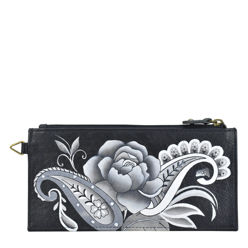 Anna by Anuschka wallet women hand painted peonies and flowers black