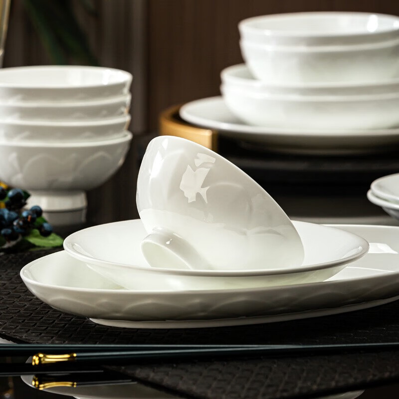 Famanmei new bone china tableware complete set Jingdezhen bowls and plates high-end pure white embossed dishes set for home use Bingqing Yujie 94-piece set (configuration for 16 people)