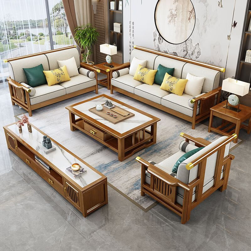 Dihong new Chinese solid wood sofa living room modern simple large and small apartment villa high-end winter and summer solid wood sofa 1+2+3+coffee table+square table*2+TV cabinet