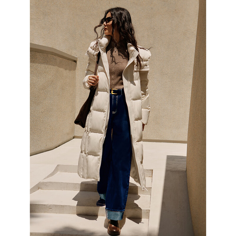 PEACEBIRD 2024 winter removable hooded long puff down jacket A1ACE4325 off-white L (size is too large, take one size smaller)