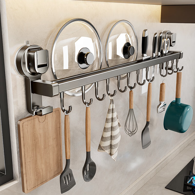 There are suction cup kitchen hooks, no punching, kitchen storage racks, wall-mounted spatulas, lids, spoons, multi-functional storage racks, double poles 60CM with 12 hooks, strong suction cups