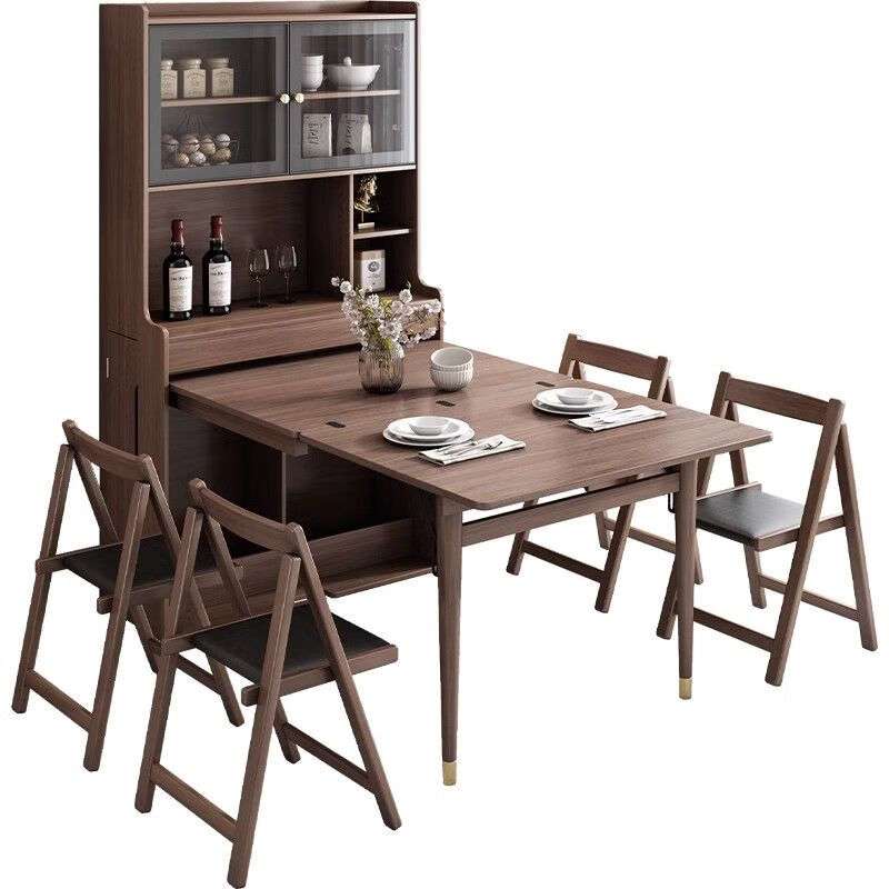 Ruffman folding dining table and sideboard integrated simple modern light luxury wall-mounted retractable dining table folding table and sideboard + solid wood dining chairs *4 (gentleman