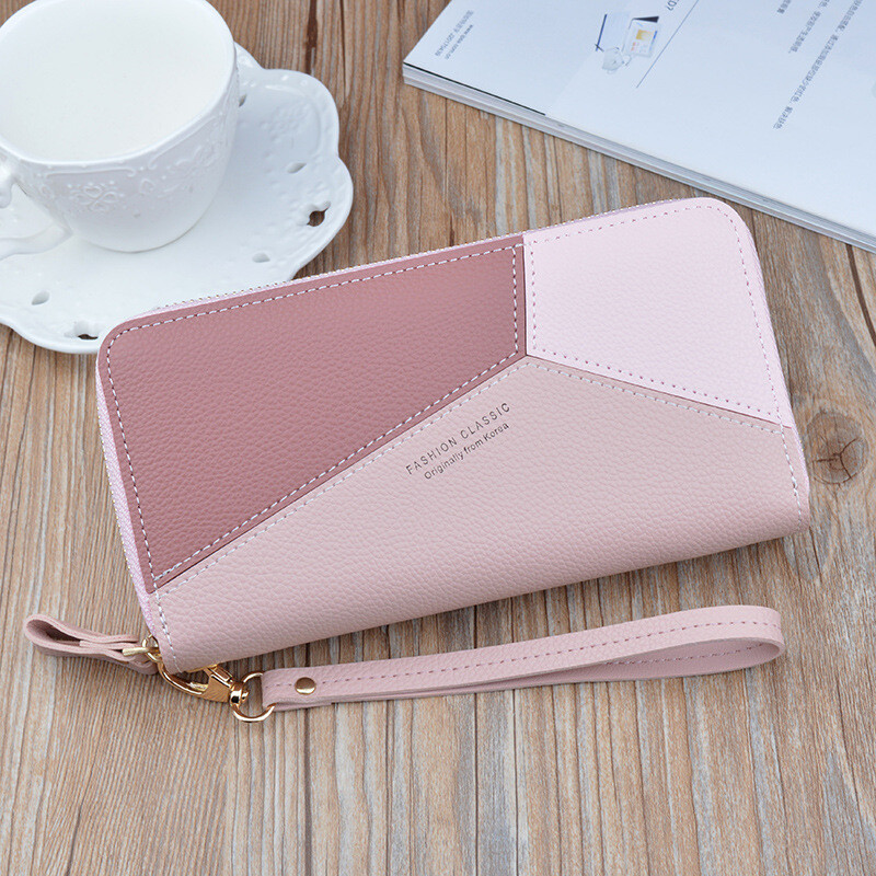 Simple cloth 2021 new double zipper hand wallet women's long style stitching contrasting color large capacity double layer wallet mobile phone small bag blue