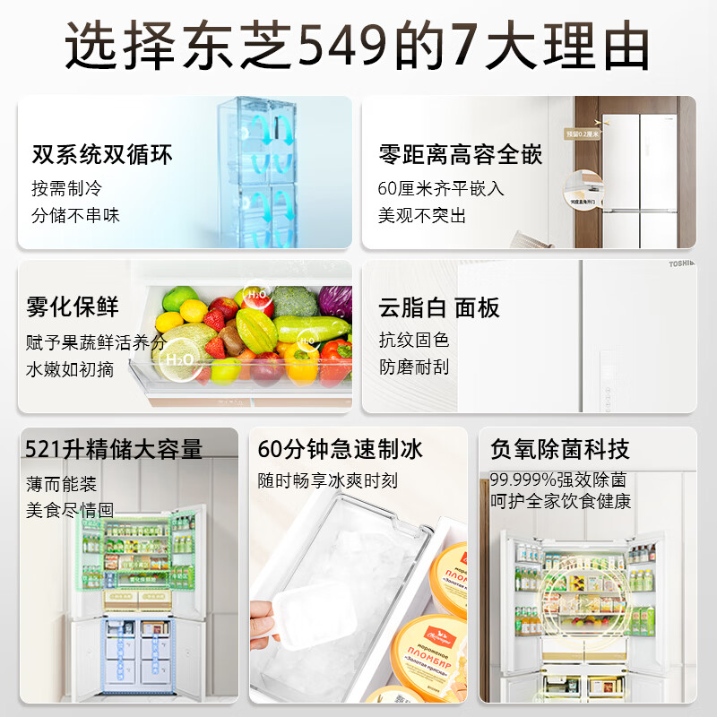 TOSHIBA White Pearl 521L cross-door refrigerator 549 dual system 60cm ultra-thin zero-embedded automatic ice making large capacity GR-RF549WI-PM165 national subsidy