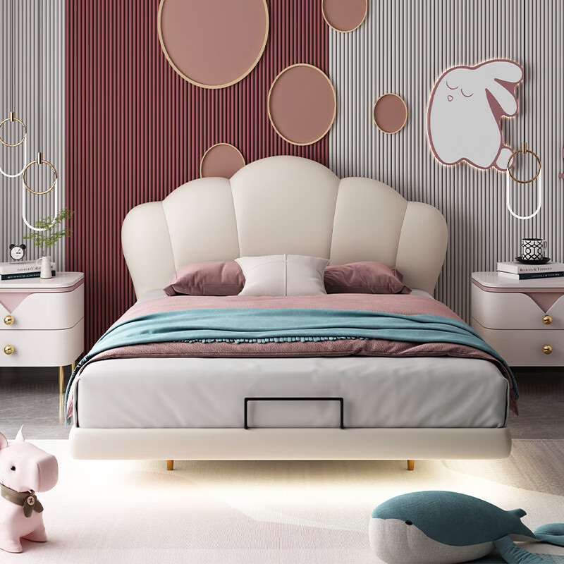 De RUCCI Children's Bed Suspended Bed Solid Wood Silicone Soft Cover Girls Princess Bed Teenage Boys Bed Pink 1.5*2 Meters