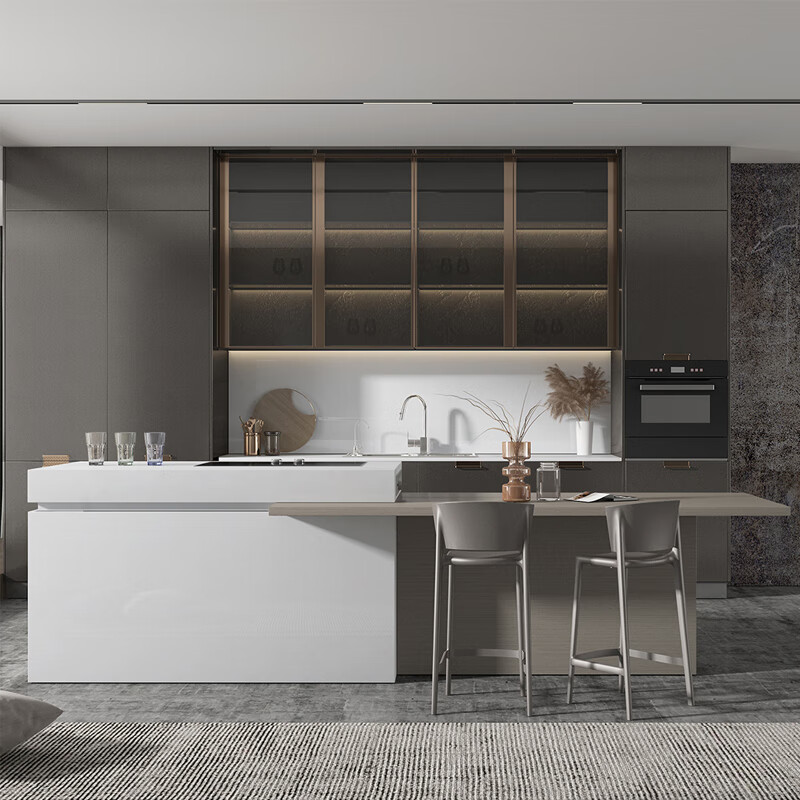 Zhibang integrated kitchen cabinets customized kitchen quartz stone countertops PET skin-friendly material cabinets integrated stove cabinets Meteor Shower