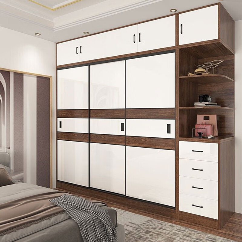 Bai Qian free installation wardrobe sliding door simple cabinet home bedroom storage storage wardrobe large capacity wardrobe white + black walnut color 200 long three-door main cabinet + top cabinet + side cabinet