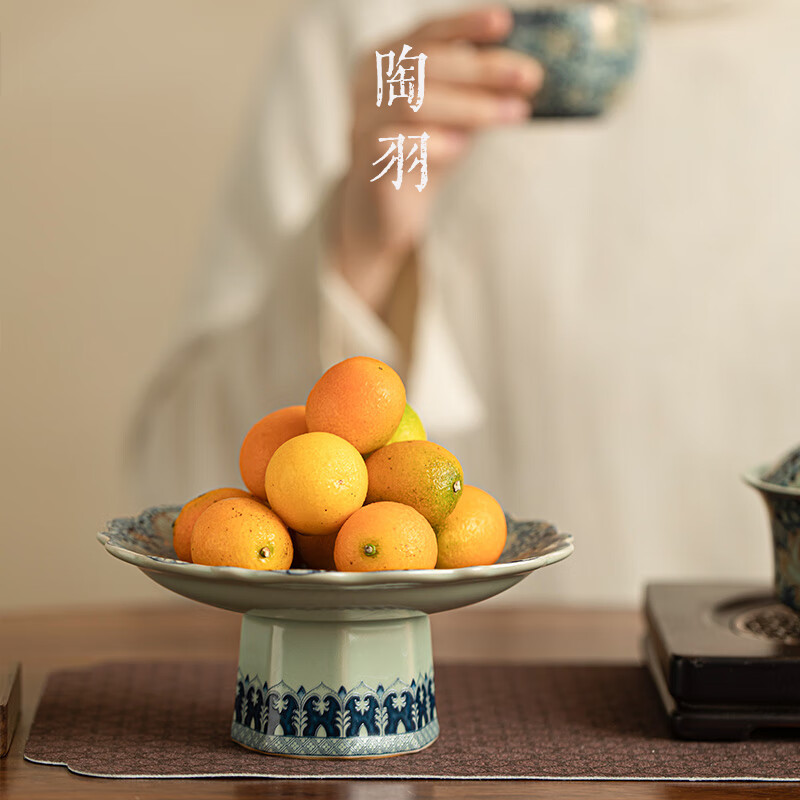 Tao Yu Ru Kiln Flower Tea Dessert Plate Fruit Plate Tall Plate Dessert Fruit Chinese Style Tall Plate for Buddha Pastries Ceramic Small Plate Imitation Song Ru Kiln Flower 143 Fruit Plate