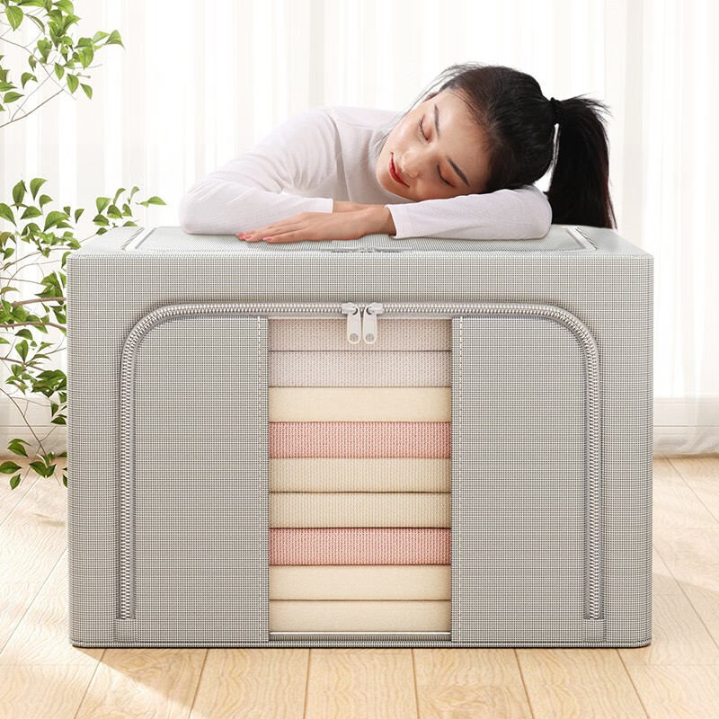 Nature House Clothes Storage Box Home Fabric Organizing Box Wardrobe Clothes Folding Basket Oxford Cloth Storage Box Artifact Smoke Gray - Single Window - Thickened Oxford Cloth 100L (60*42*40) Thick Steel Frame No Odor