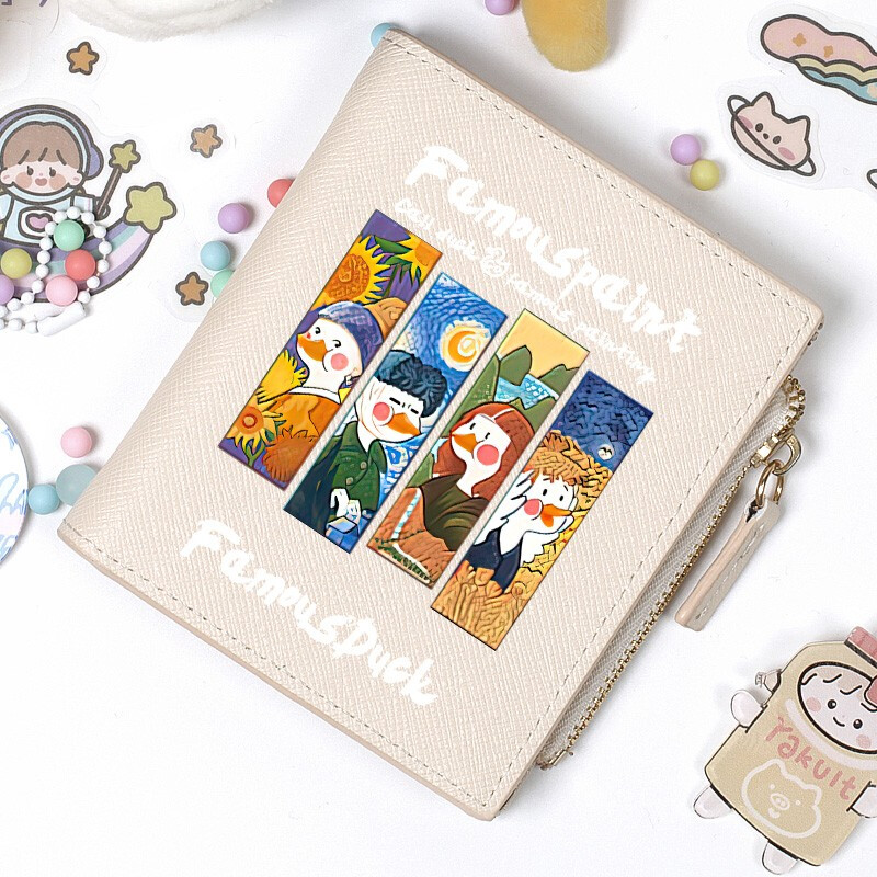 Flo Cat, world-famous paintings co-branded little duck, cute cartoon teen student wallet, girls short thin section with multiple card slots, casual Japanese Korean version, ins internet celebrity style niche design, off-white, 4 famous paintings in the world, DUCK