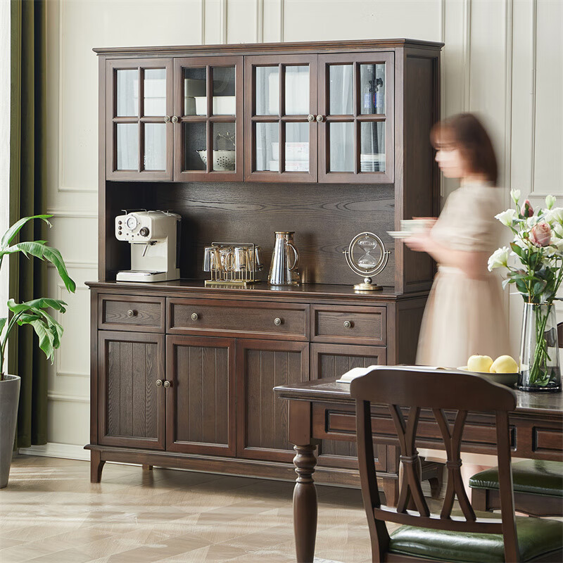 Jiumu Jiumei solid wood sideboard integrated wall high cabinet home living room multi-functional tea cabinet wine cabinet side cabinet storage storage cabinet 155cm upper and lower combination two-color