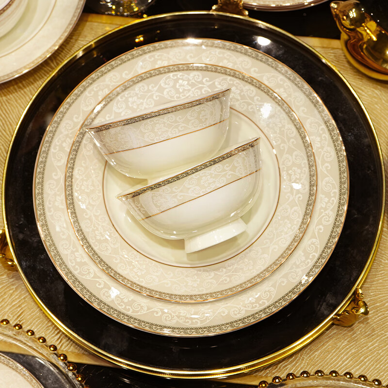 NINE CRANES Jingdezhen tableware set, housewarming gift, ceramic bowl and plate set, household light luxury porcelain bowl and plate set, suitable for microwave oven, 10-person accessory pot, 56-piece set