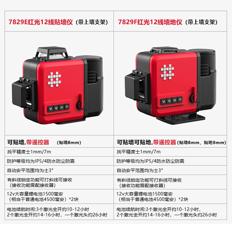 Ishii level red light 12-line strong light automatic wall-mounting instrument floor-mounting instrument 120mw infrared level meter line (upper horizontal line) 12-line red light 7829E dual electric