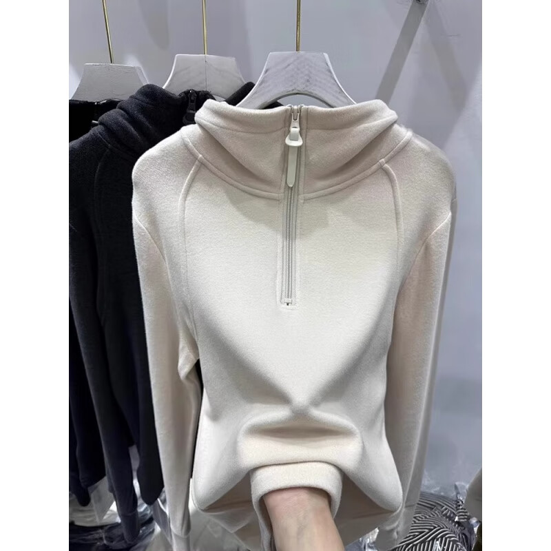 Yalu European double-sided German velvet inner bottoming shirt for women in autumn and winter half-zip hooded sweatshirt American loose top dark gray high-end and super good-looking sweatshirt/sweatshirt L