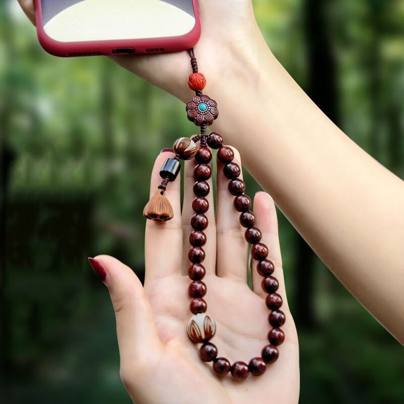 Runhuanian is suitable for Indian lobular red sandalwood mobile phone chain lanyard short Chinese style mobile phone pendant anti-lost rope wrist rope main picture style