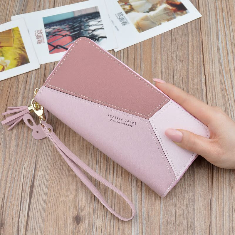 Yizhuchun 2024 new wallet women's long zipper tassel mobile phone bag contrasting color large capacity coin wallet bag a pink