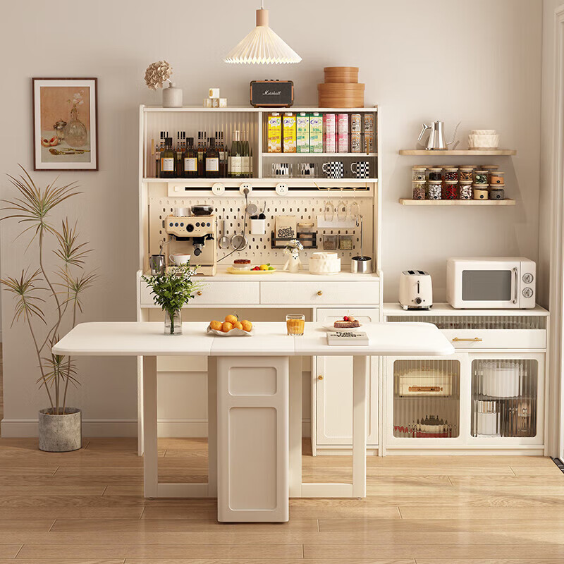 Isabel cream style solid wood folding dining table retractable home 1.2m sideboard integrated wall kitchen storage wine cabinet 1.7m dining table sideboard integrated - with two chairs basic model - 1.2m sideboard