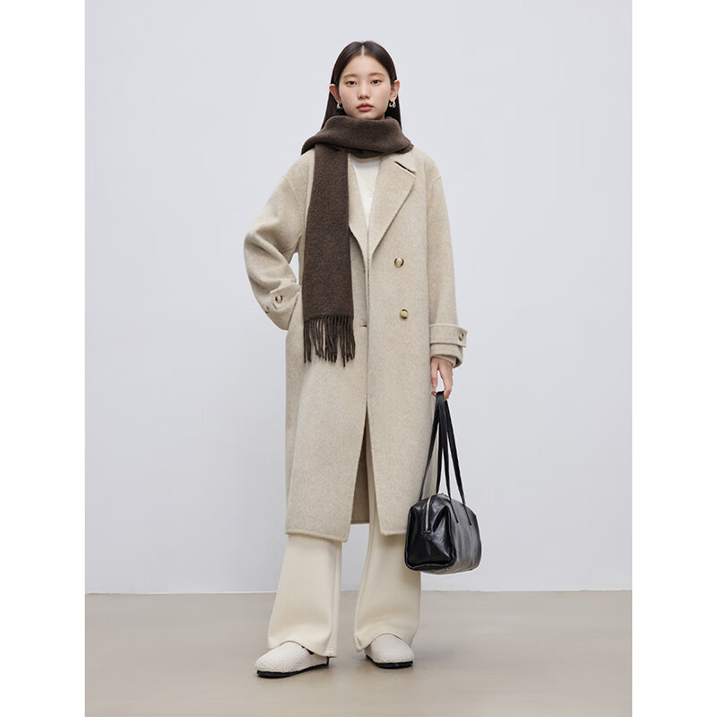 Ziqiao little black camel wool double-sided woolen coat for women 2024 winter new mid-length woolen coat medium gray 100% sheep wool XS (size 2)