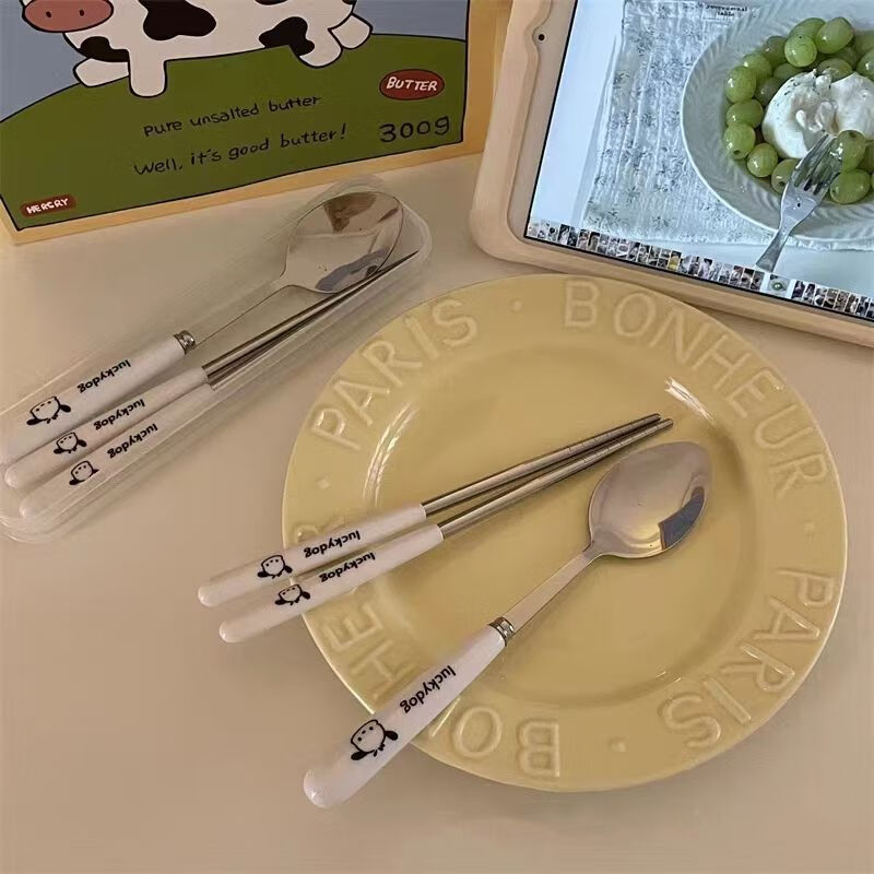 Jing porcelain spoon ins high-looking chopsticks spoon fork three-piece set cute portable tableware storage box for students and children lucky puppy chopsticks + fork free storage box 1-piece set