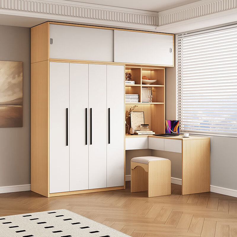 Zizong wardrobe and dressing table integrated corner simple modern home bedroom small apartment cabinet with computer desk integrated three-door cabinet + right corner computer table + top cabinet
