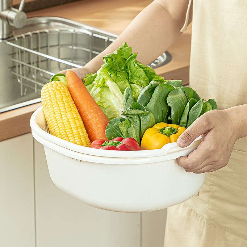Sungsa Japan imported double-layer plastic sink large vegetable basket fruit basket kitchen hollow draining dish storage basket green set basin + draining basket