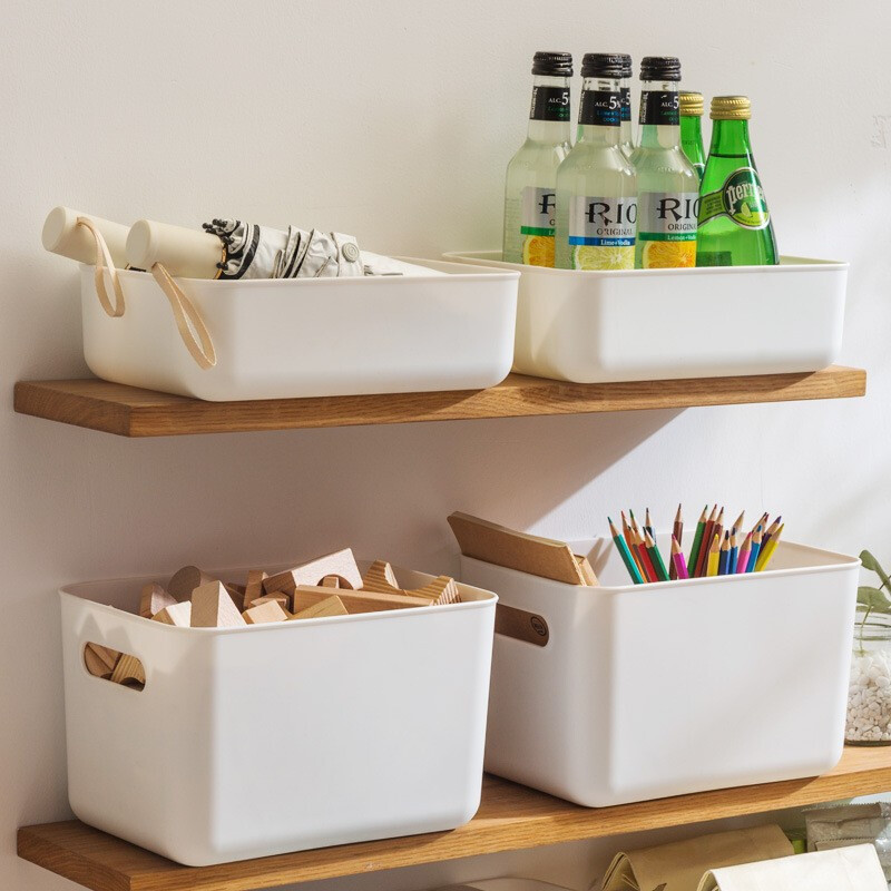 Kaixinyi White Storage Box Desktop Cosmetics Clothes Miscellaneous Organizing Box Household Plastic Storage Basket Short Large Size - No Cover 36.5*26*8cm