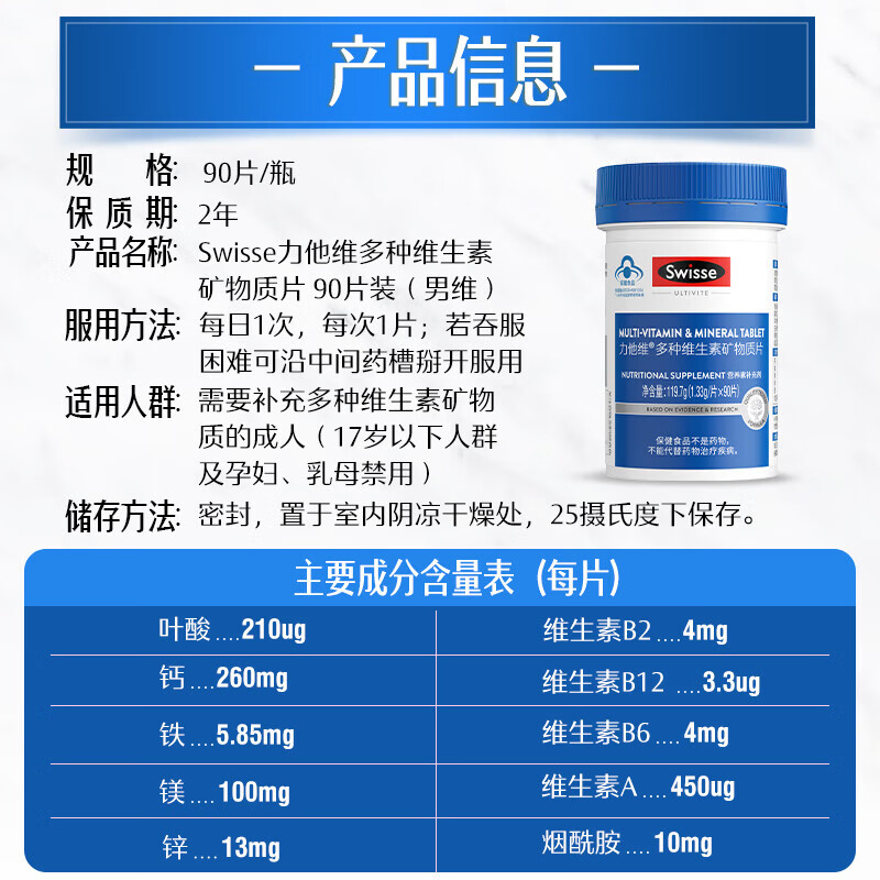 Swisse Multivitamin Mineral Tablets Blue Hat Certified Alliance Exclusive Men's Multivitamin 1.33g/tablet*90 tablets*1 bottle