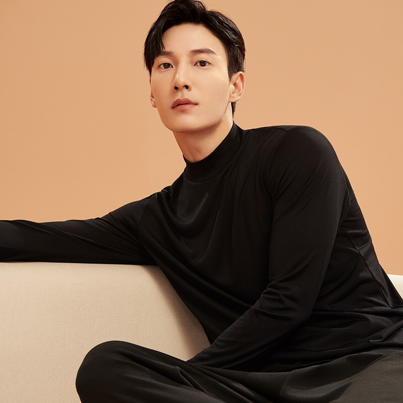 Jinsanta Silk Bottoming Shirt Men's Autumn and Winter Simple Stand Collar Versatile Slim Men's Muscle Bottoming Long Sleeve Top Classic Black L