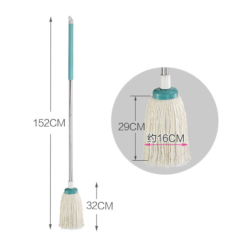 Large cotton gauze mop absorbent mop traditional old-fashioned round head long handle stainless steel cotton thread mop cotton gauze mop 1 rod 2 heads