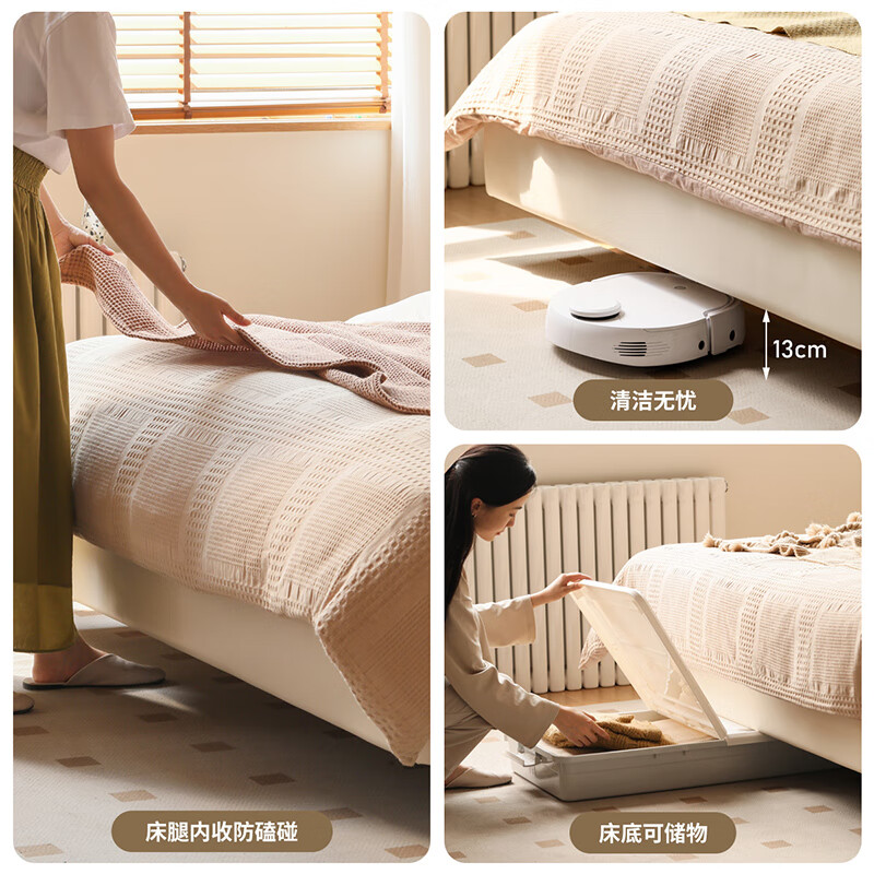 Genji Muyu genuine leather bed cream style bedroom suspended bed head layer cowhide double bed leather bed white soft bag large bed 1.8*2m