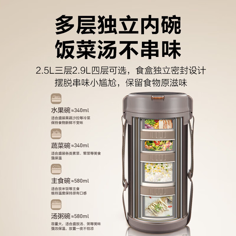 SUPOR Insulated Lunch Box Bucket Large Capacity 316 Stainless Steel Extra Long Insulated Office Lunch Box Multi-Layer Student Lunch Box Mu Ka Gray - Four Layers + Table Spoon 2.9L