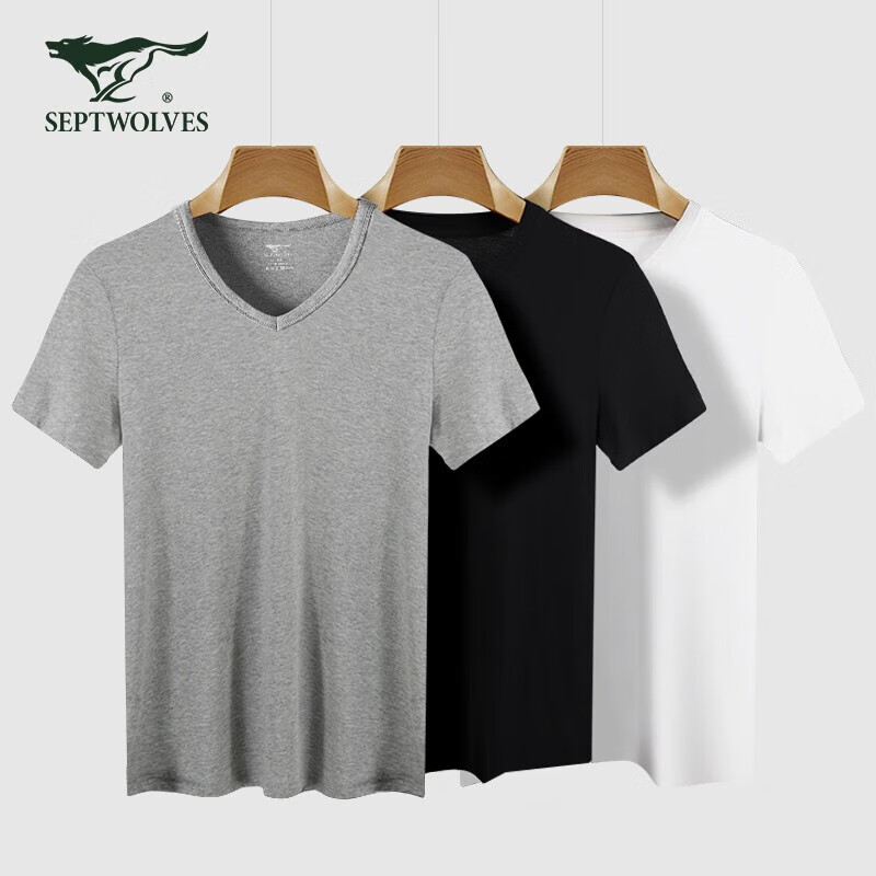 Septwolves short-sleeved men's v-neck t-shirt men's pure cotton outer wear casual inner layering shirt men's 3-piece pack
