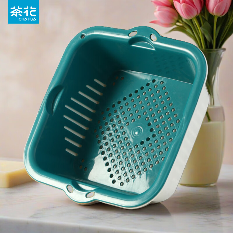 Camellia vegetable sink drain basket plastic double-layer kitchen fruit plate thickened multi-functional sink leaking basin rice basket large double-layer (wash vegetables) blue