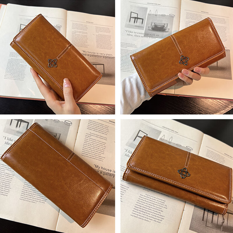Wanjiazhen retro atmospheric multifunctional women's wallet women's long mobile phone bag Japanese and Korean folding women's wallet clutch bag card bag brown