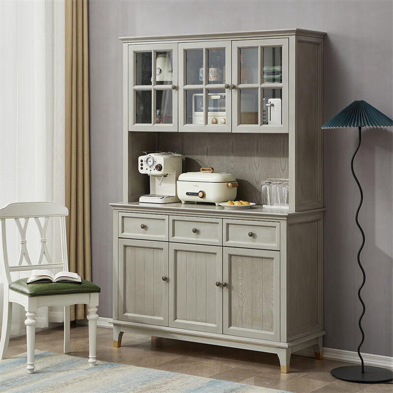 Jiumu Jiumei solid wood sideboard integrated wall high cabinet home living room multi-functional tea cabinet wine cabinet side cabinet storage storage cabinet 155cm upper and lower combination two-color