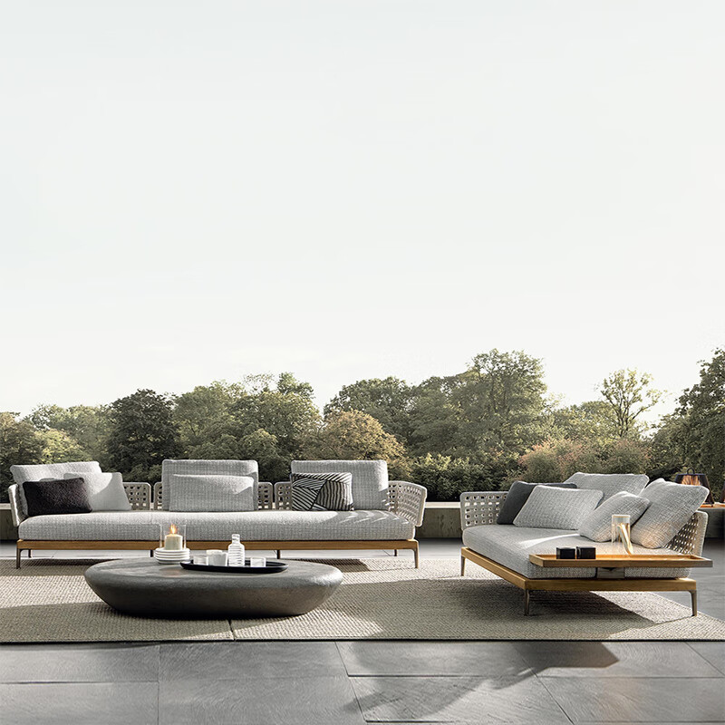 Zhejun outdoor courtyard garden leisure solid wood sofa furniture rattan chair villa hotel open-air sun room coffee table combination teak style-combination 1