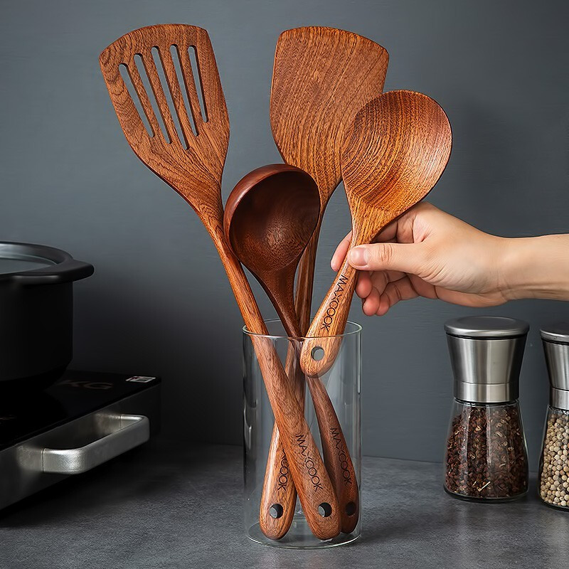 MAXCOOK ebony frying spatula, natural household paint-free and wax-free ebony spatula, non-stick wooden spatula with long handle, ebony rice spoon (upgraded thickening and polished version) MCCU8628