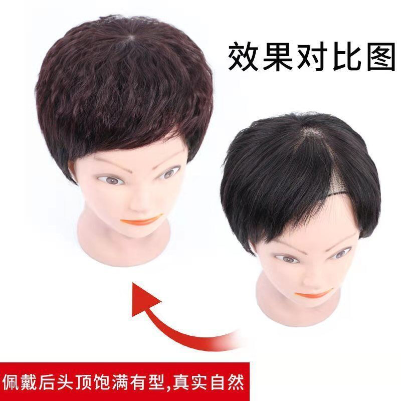 Tangni's head replacement hair piece for middle-aged and elderly mothers, wig for women with short curly hair, full real hair, hair top to cover white hair, wig block A025 two cards, light and thin, artificial hair - natural black